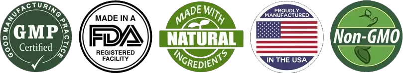 AlkaVitality quality badges: GMP certified, FDA registered facility, natural ingredients, made in USA, non-GMO